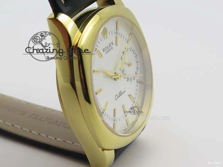 MiroTime 0114 Stylish Cellini Date YG White Stick Dial On Black Leather Strap A 3881